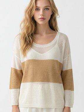 Women's Newbury Kustom  Tan & White Striped Lightweight Pullover Sweater Size M
